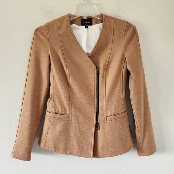 JUDITH & CHARLES | Wool Jacket Blazer Zip Up Brown Camel Tan Sz 0 - Picture 1 of 5